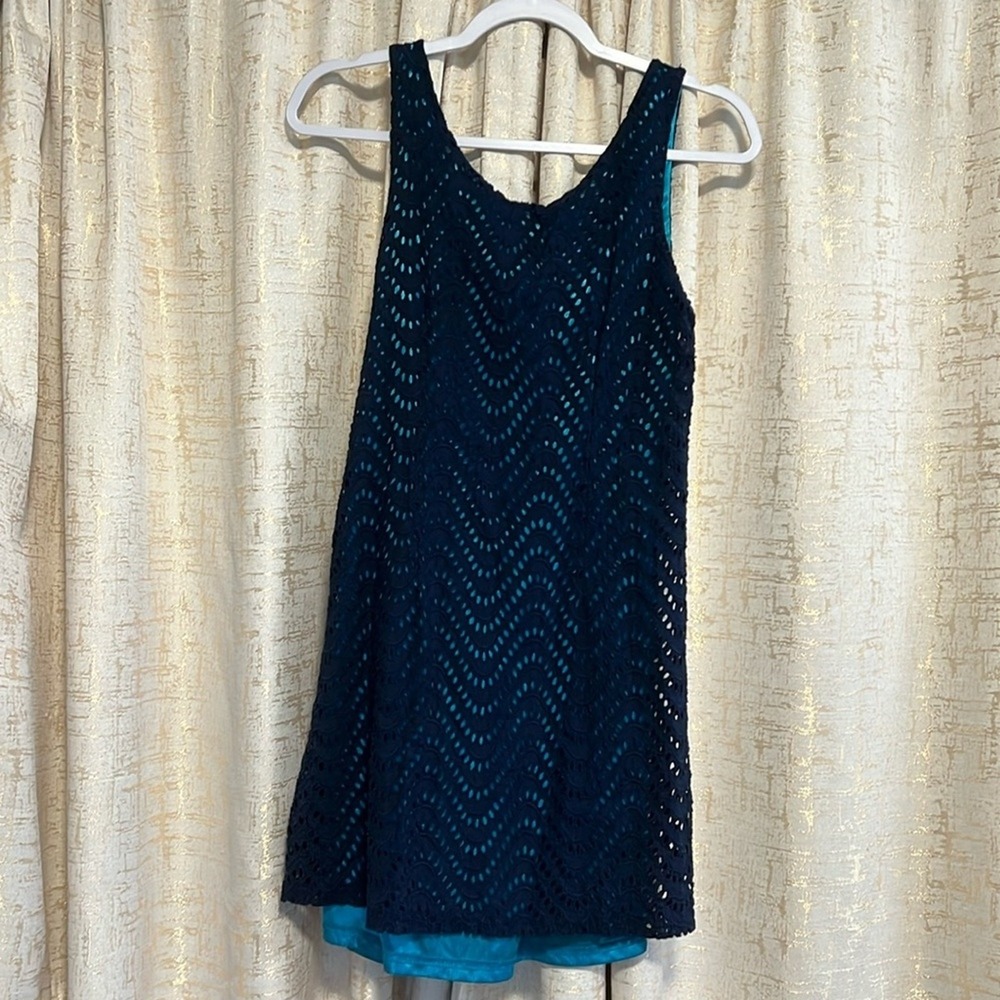 Tracy Negoshian Shift Dress Womens Small Navy Teal Eyelet Lace Orange Zip Preppy